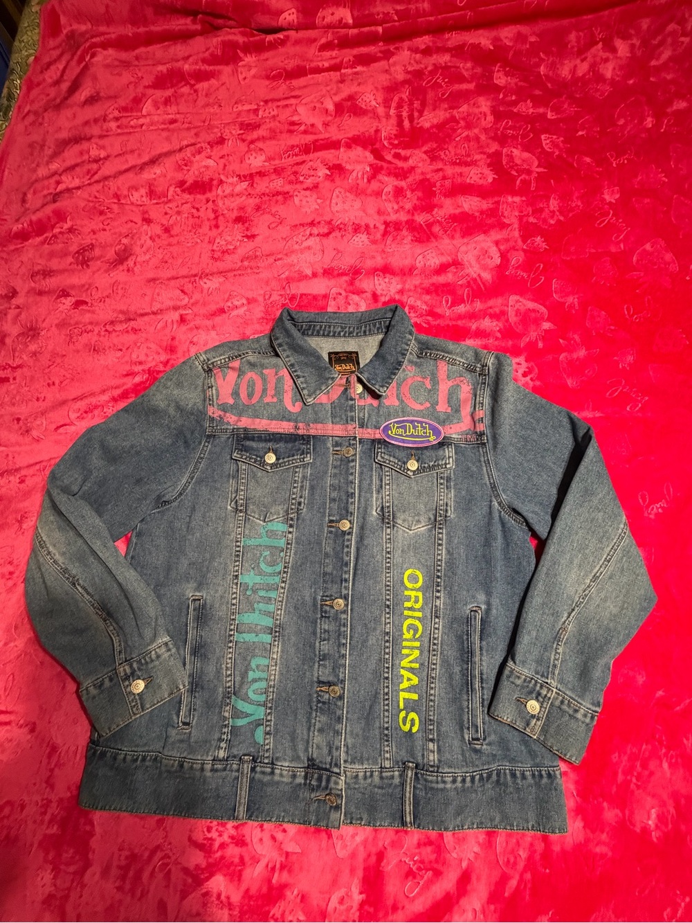 Von Dutch Denim Jacket with Pink, Teal & Yellow Accents